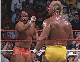 Hulk Hogan eliminated Randy Savage in the WWE Royal Rumble 1989 which featured Randy Savage, Andre the Giant, and Hulk Hogan